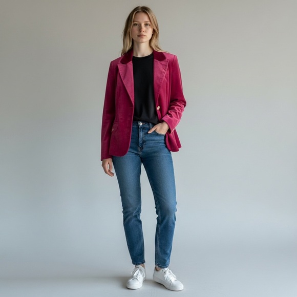 Beautiful Fuchsia Velvet Blazer with Gold Button Detail - Picture 8 of 8